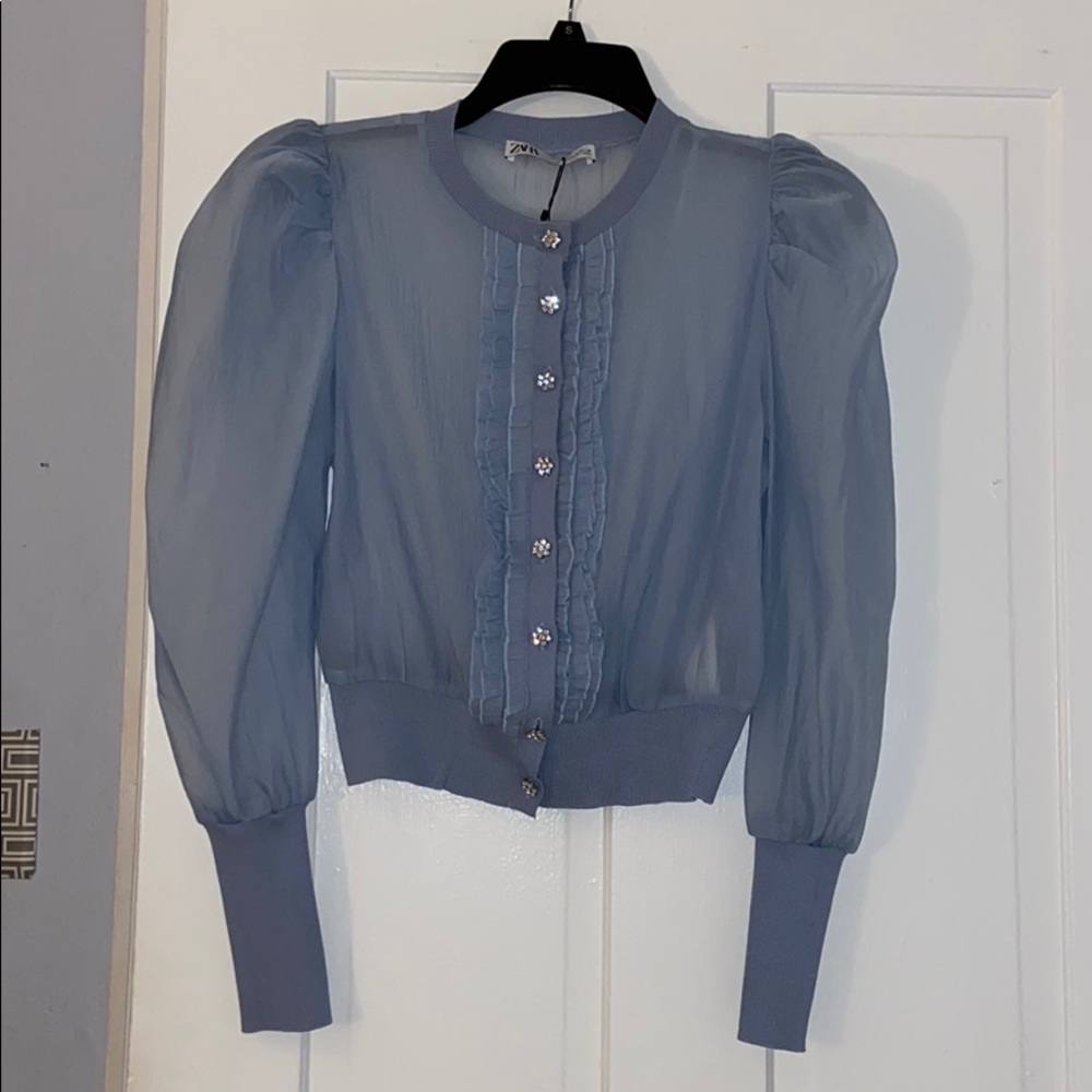 NEW Zara size M blue organza button down shirt